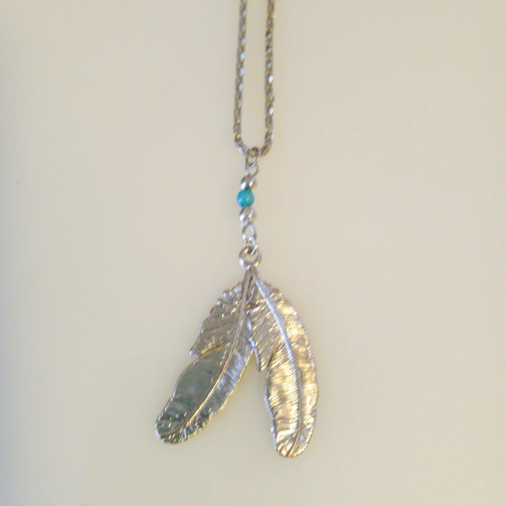 Blue and Silver Feather Pendant Necklace